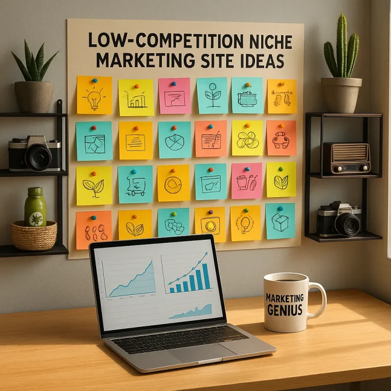 What are some examples of low-competition niche marketing site ideas for beginners?
