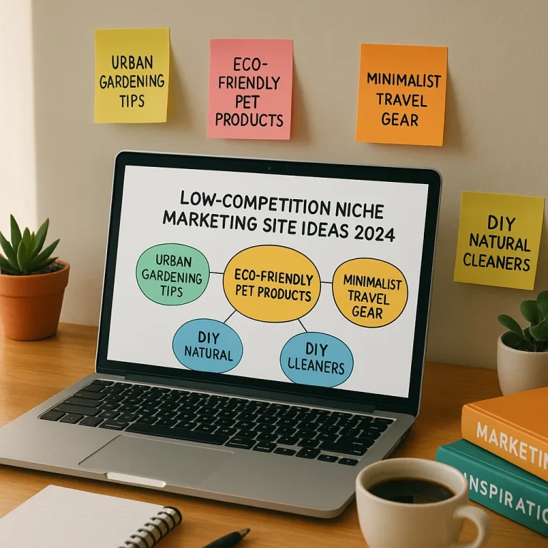 What are some examples of low-competition niche marketing site ideas that beginners can start in 2024?