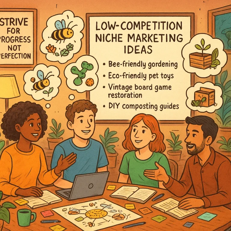 What are some low-competition niche marketing site ideas that can help beginners get started online?